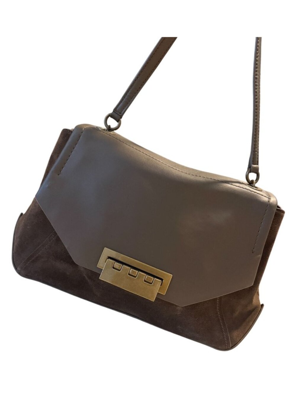 Zac Posen Eartha Brown Leather Suede Envelope Flap Brass Hardware Shoulder Bag